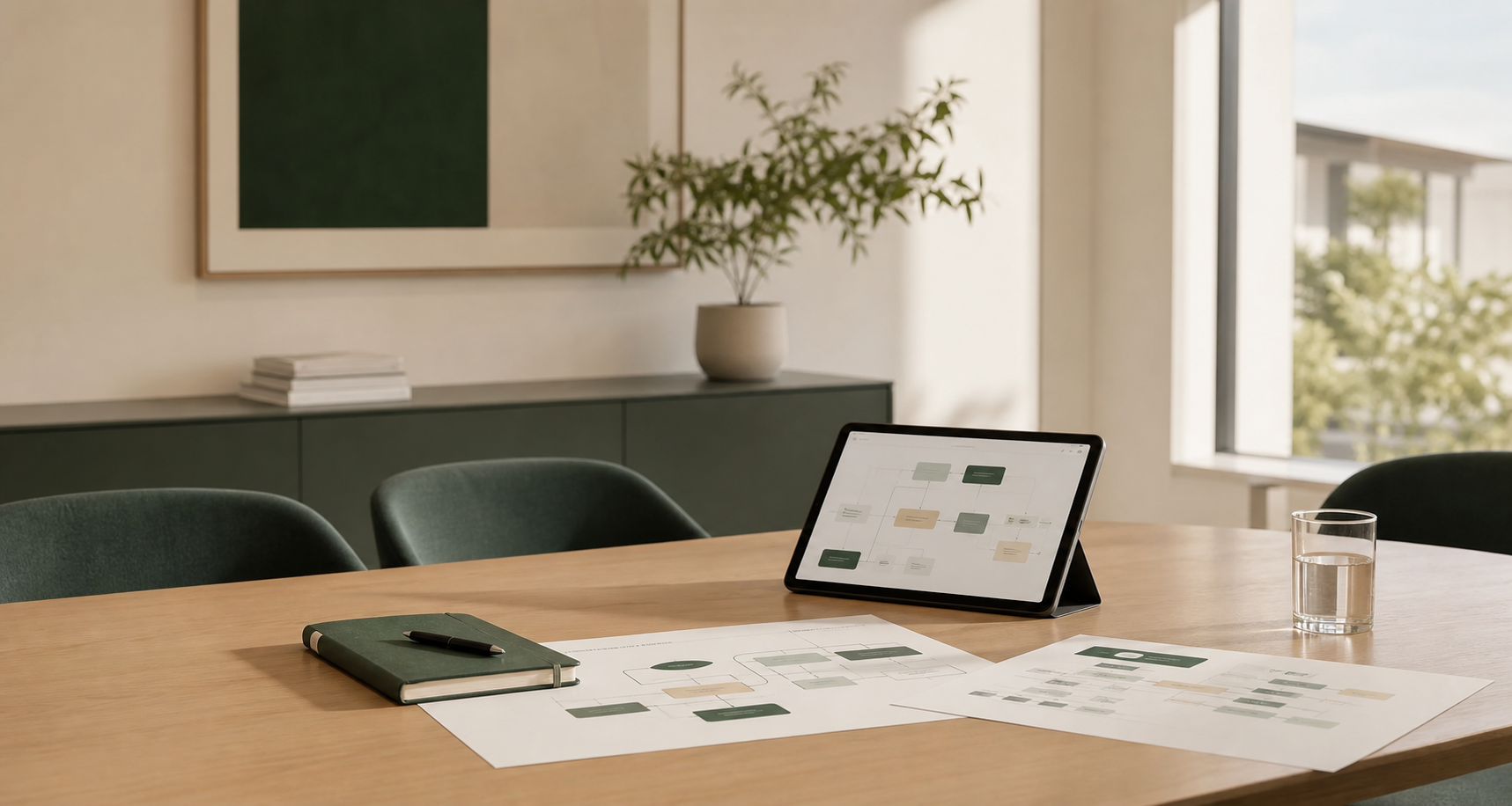 A modern healthcare advisory workspace with workflow materials on a conference table.